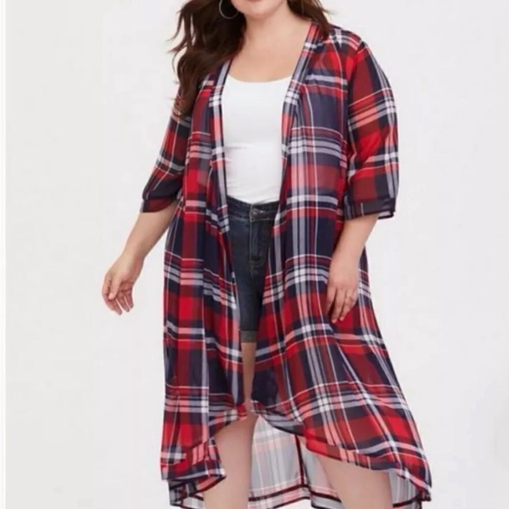 Torrid kimono duster navy & red plaid sz 1/2